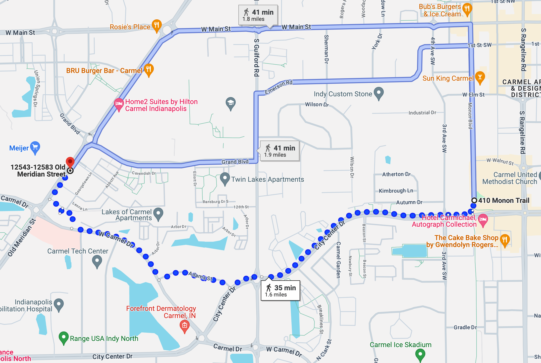 Route options for pedestrians crossing town